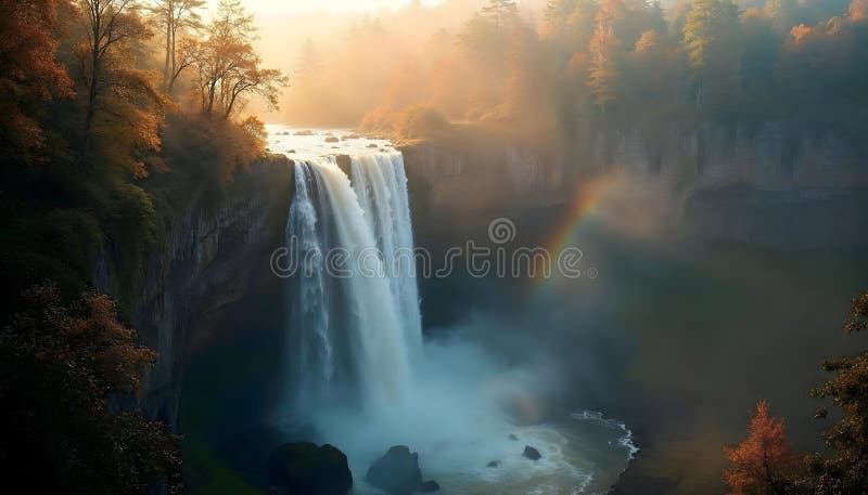 Powerful Waterfall Cascading Down with Mist and Golden Light royalty free illustration