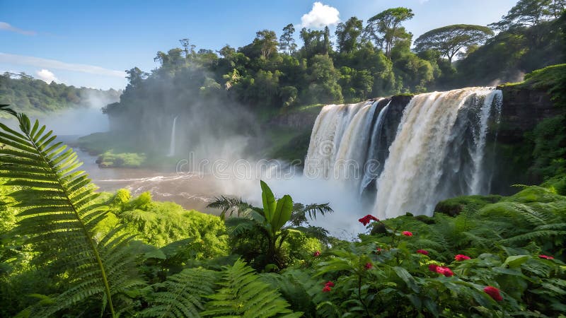 Powerful waterfall cascading down rocks in a green environment. Stock Photo, Generative AI stock illustration