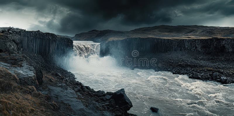 Powerful Waterfall Cascading Down a Rocky Cliff in Iceland stock illustration