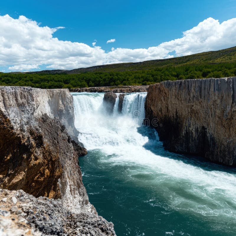 Powerful waterfall cascading down rocky cliffs into a turquoise river stock illustration