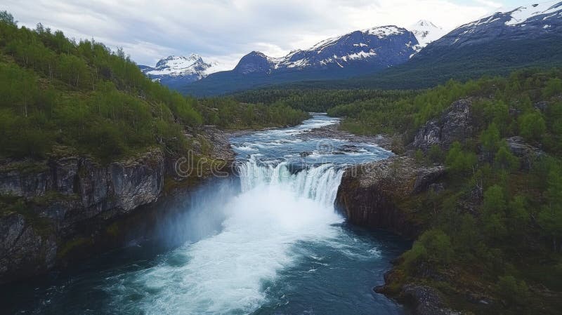 Powerful Waterfall Cascading Down Rocky Mountains vector illustration