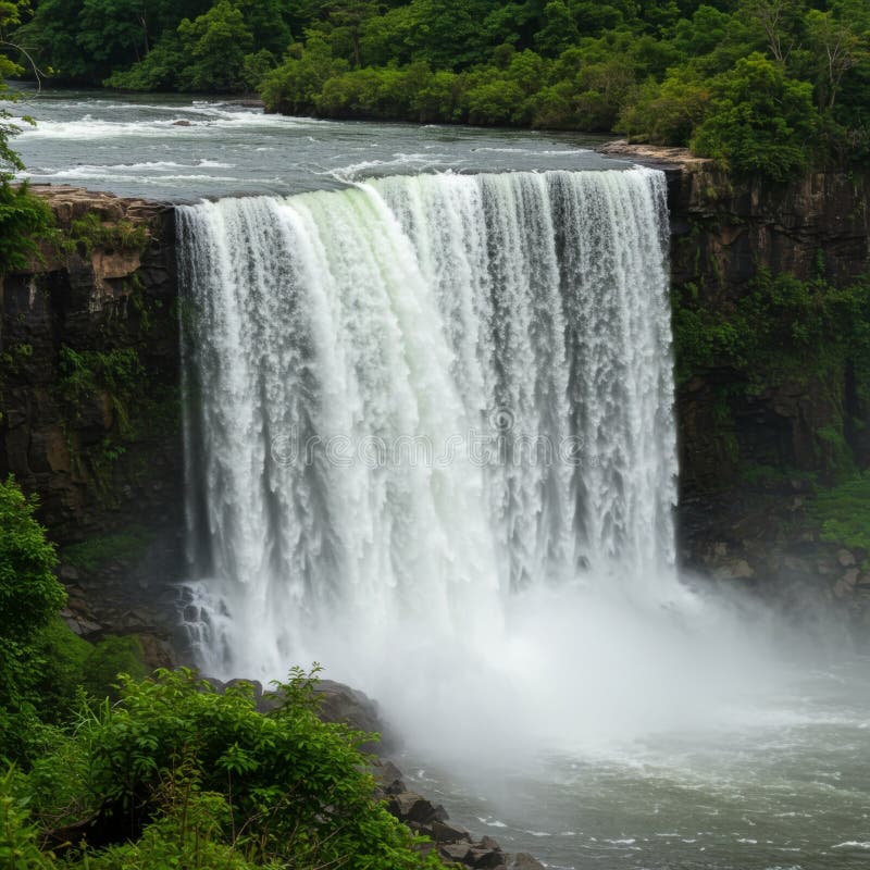 Powerful Waterfall Cascading Through Lush Green Rainforest stock illustration