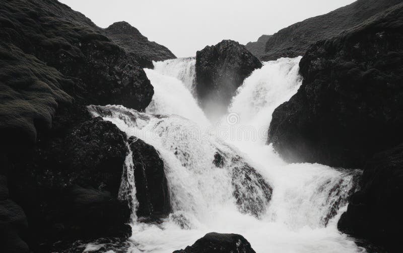Powerful Waterfall Cascading Over Dark Rocks stock illustration