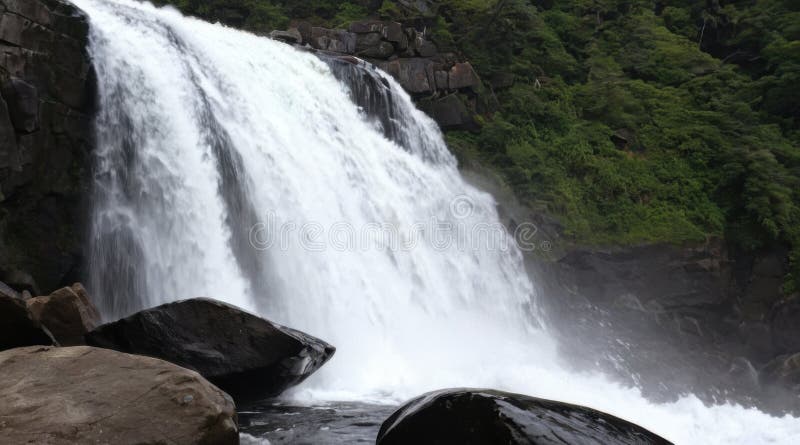 Powerful Waterfall Cascading Over Dark Rocks royalty free illustration