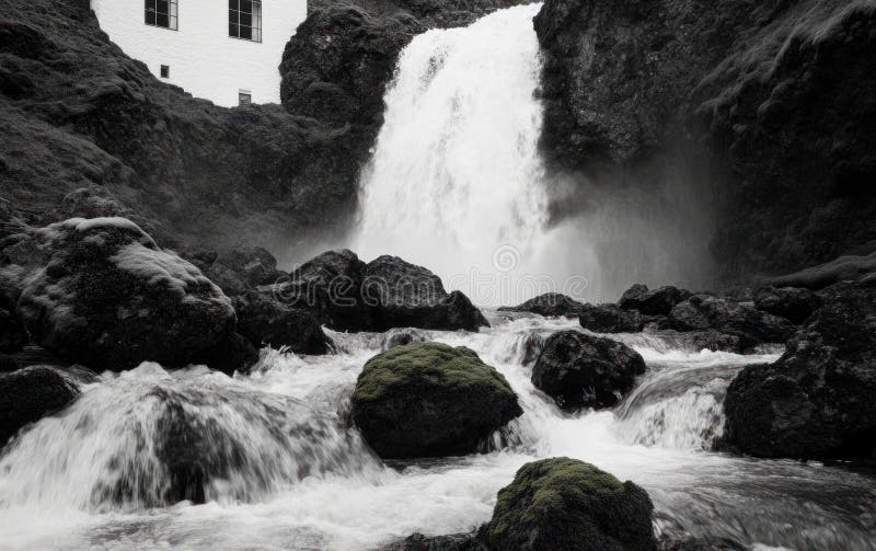Powerful Waterfall Cascading Over Dark Rocks royalty free illustration