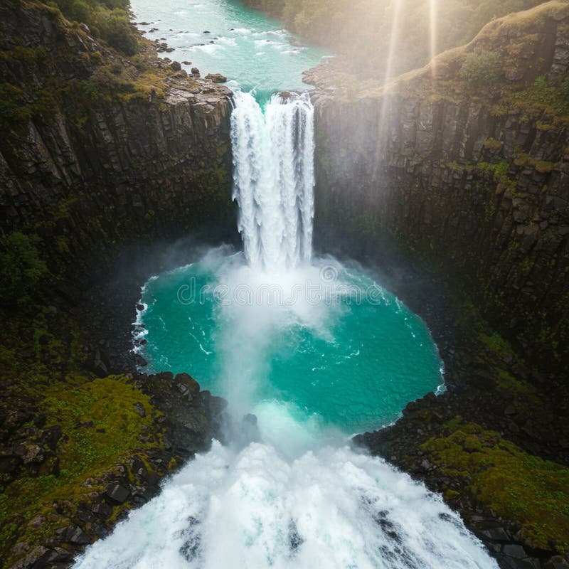 Powerful waterfall cascading into a turquoise plunge pool, surrounded by rugged stock illustration