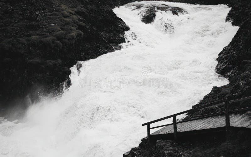 Powerful Waterfall Churning Over Dark Rocks royalty free illustration