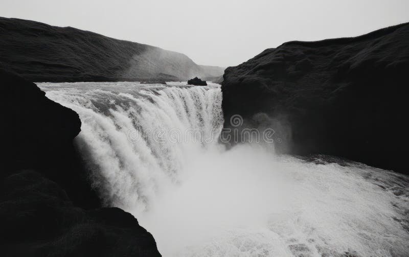 Powerful Waterfall Between Dark Rock Formations royalty free illustration
