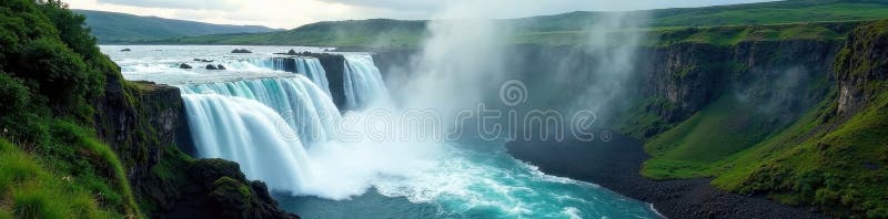 Powerful waterfall plunges into Azores basin, nature, rocks, vibrant royalty free illustration