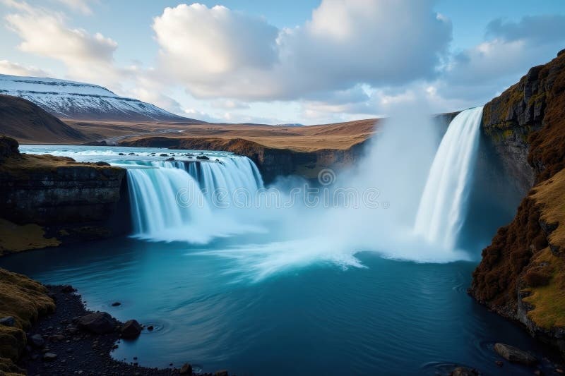 Powerful waterfall plunges into calm Icelandic pool, landscape, cold stock illustration