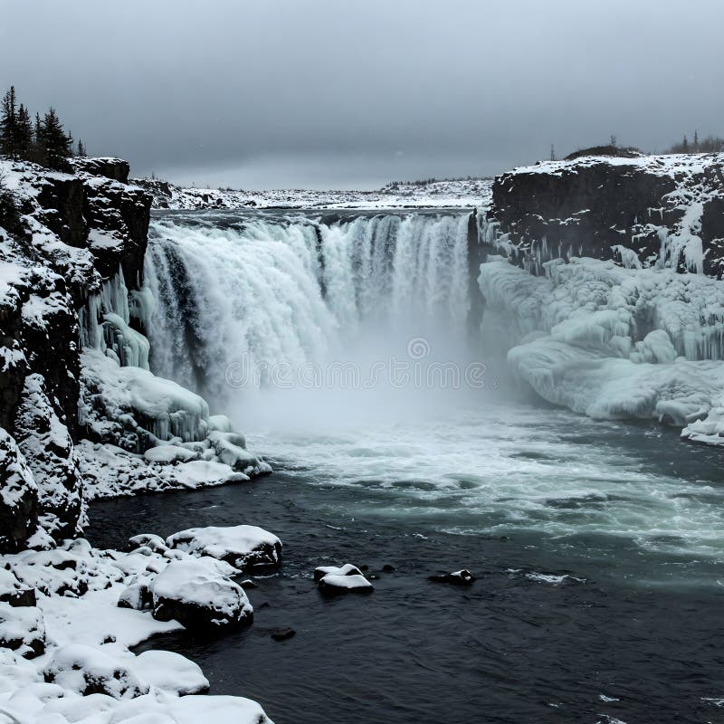 Powerful waterfall plunges into a dark, turbulent river surrounded by snow and ice under a gray sky vector illustration