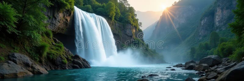 Powerful waterfall plunges down steep mountainside into forest pool, pool, fresh vector illustration