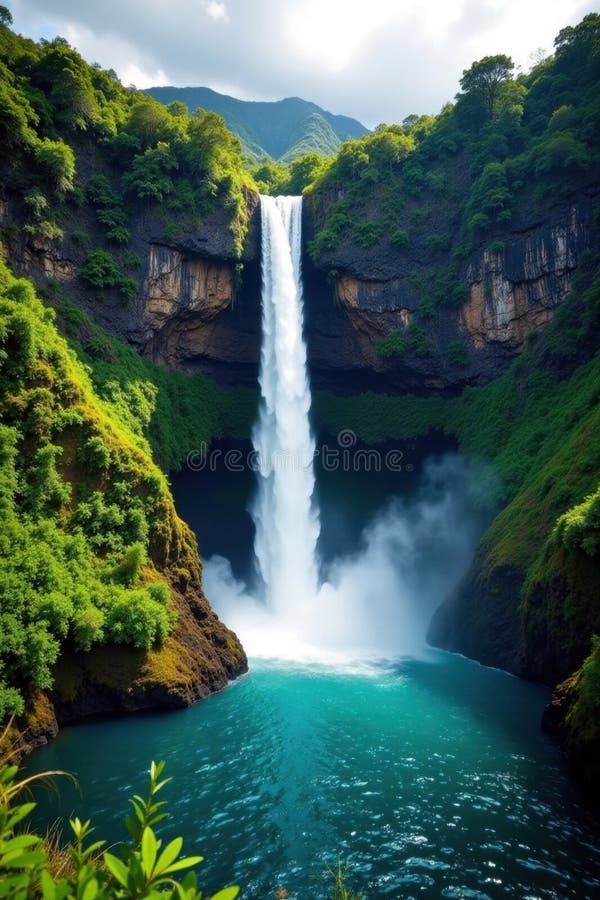 Powerful waterfall plunges into Kauai s emerald depths , stock, powerful, lush vector illustration