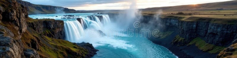 Powerful waterfall plunges into a rocky gorge in Iceland , energy, landscape vector illustration