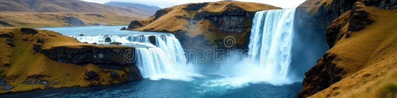 Powerful waterfall plunges into a rocky gorge in Iceland , flowing, arctic royalty free illustration