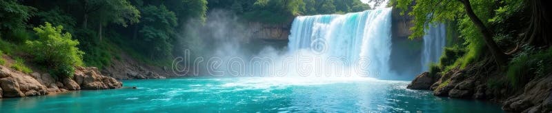 Powerful waterfall plunges into vibrant turquoise pool, cliffside, pristine stock illustration
