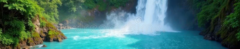 Powerful waterfall plunges into vibrant turquoise pool, pristine, river, dramatic royalty free illustration