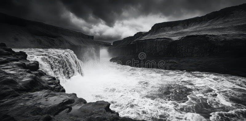 Powerful Waterfall Rushing Through a Dramatic Landscape vector illustration