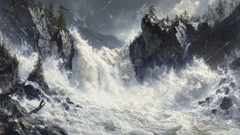Powerful Waterfall Rushing Through Mountainous Rocks stock illustration