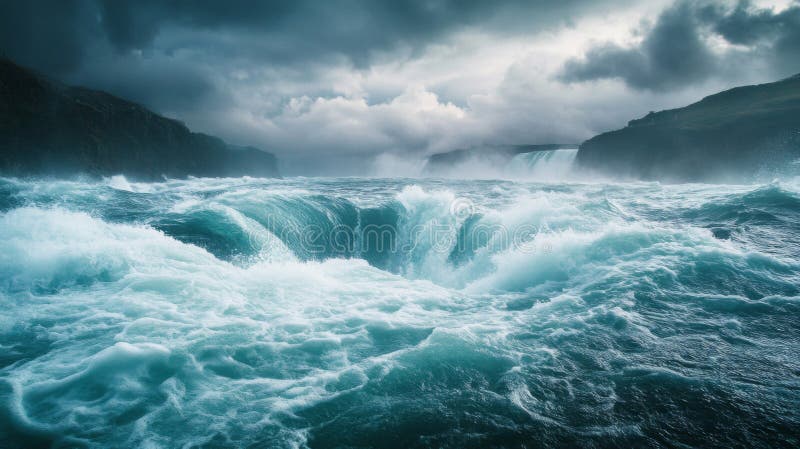 Powerful Waterfall with Turbulent Water and Dramatic Sky stock illustration