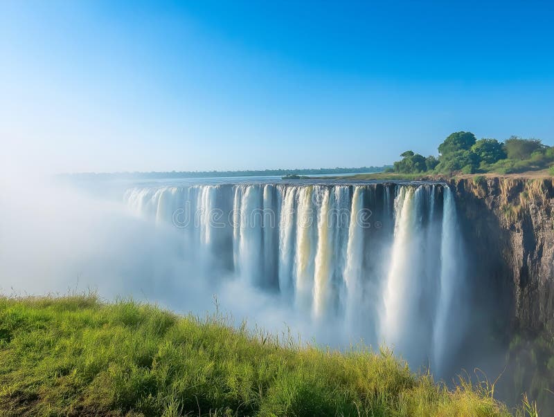 Powerful waterfall victoria falls africa vibrant colors lush vegetation stock illustration