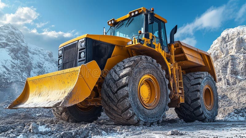 Powerful wheel loader operating in quarry with vibrant mountainous landscape vector illustration