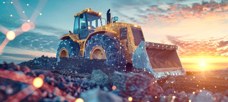 A powerful wheel loader stands against a sunset backdrop, its digital screen displaying construction site data, showcasing futuristic construction technology.