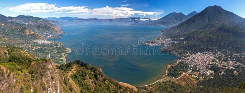 Aerial Scenic Landscape View of Beautiful Blue Lake Atitlan and Guatemala Volcanoes from summit of Indian Nose Mountain with distant Panajachel,San Pedro,San Juan and San Marcos Fisherman Villages on Horizon. Aerial Scenic Landscape View of Beautiful Blue Lake Atitlan and Guatemala Volcanoes from summit of Indian Nose Mountain with distant Panajachel,San Pedro,San Juan and San Marcos Fisherman Villages on Horizon