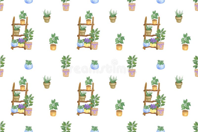 Powtarza się wzorzec roślin domowych o barwie wodnej na drabince drewnianej, narysowanej ręcznie ilustracji ficus aloe vera fiolet ilustracji
