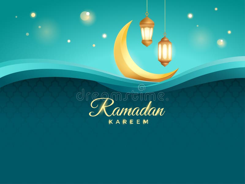 Pozdrowienia Ramadan Kareem ze złotym półksiężycem i lampionami ilustracji