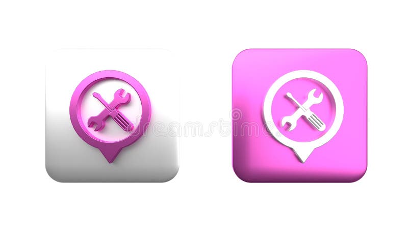 Poziție colorată cu șurubelniță încrucișată și pictogramă cu instrumente cheie izolate pe fond alb. simbol setări cursor stock illustration