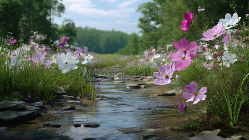 Poznaj piękno kolorowego pola kwiatu otoczonego przez Spokojny Strumień w objęciach Natures royalty ilustracja