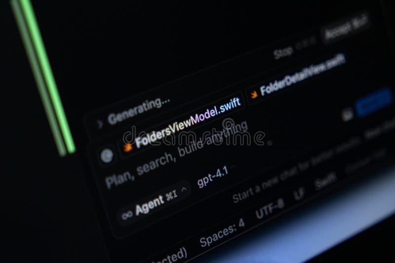 Poznan, Poland - April 14, 2025: Cursor code editor with GPT-4 integration generating Swift file content for iOS development stock photo