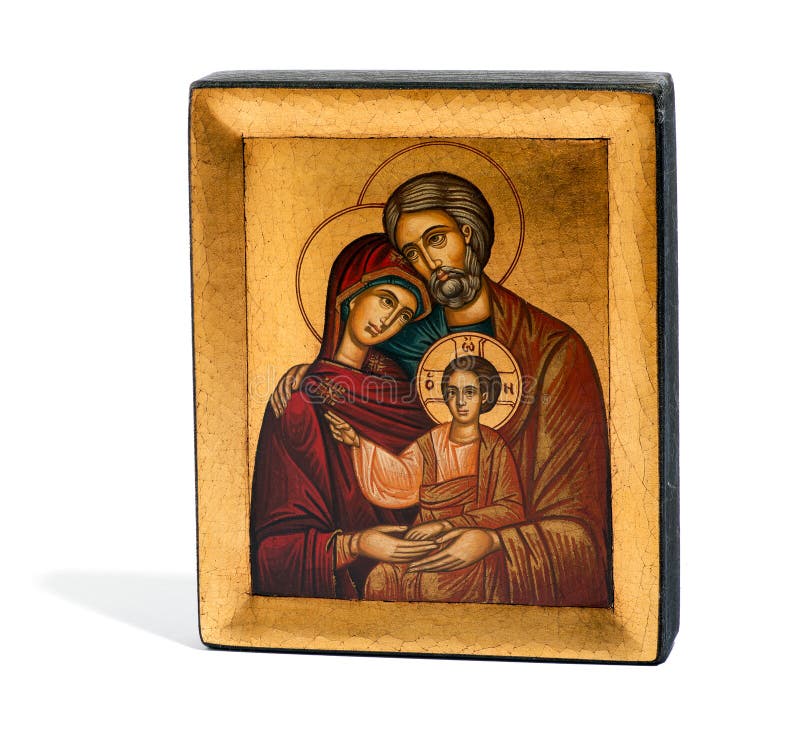 Pozłocista drewniana ikona Joseph, Mary i Jezus