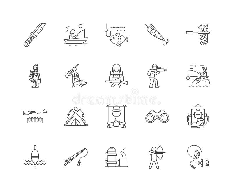 Połowu i polowania kreskowe ikony, znaki, wektoru set, kontur ilustracji pojęcie ilustracja wektor Połowu i polowania kreskowe ikony, znaki, wektoru set, kontur ilustracji pojęcie ilustracja wektor