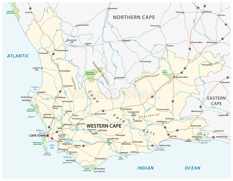 Południowa Africa przylądka prowinci parka narodowego i drogi zachodnia wektorowa mapa ilustracji Południowa Africa przylądka prowinci parka narodowego i drogi zachodnia wektorowa mapa ilustracji