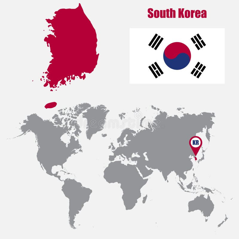 Południowego Korea mapa na światowej mapie z flaga i mapy pointerem również zwrócić corel ilustracji wektora ilustracja wektor Południowego Korea mapa na światowej mapie z flaga i mapy pointerem również zwrócić corel ilustracji wektora ilustracja wektor
