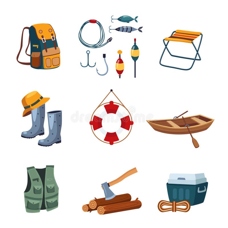 Set of camping, fishing and outdoor icons in flat design, vector illustration collection. Set of camping, fishing and outdoor icons in flat design, vector illustration collection