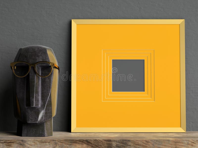 Golden mock up picture frame on dark plaster wall with black marble head sculpture on wooden shelf, 3d illustration