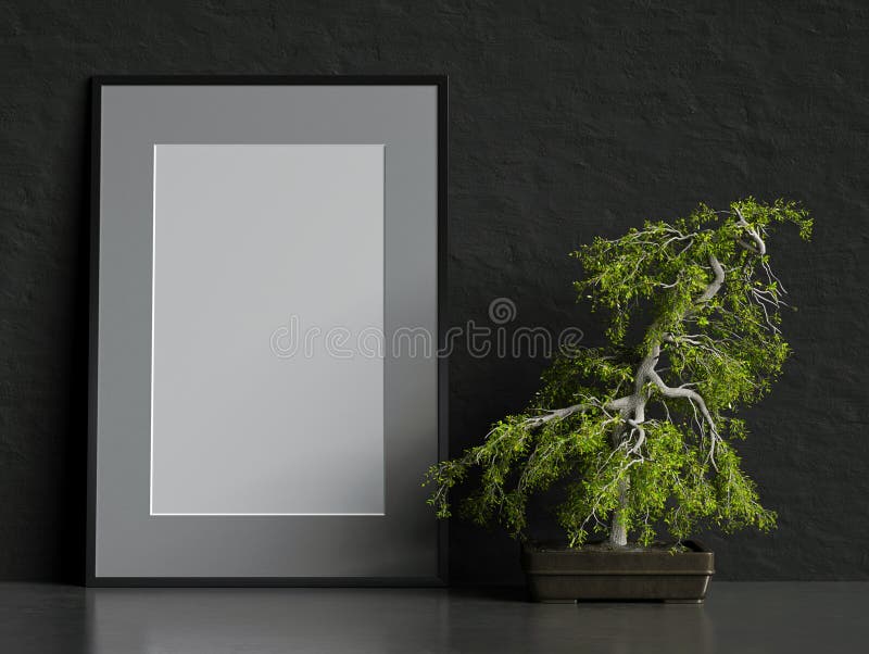 Mock up picture frame on black plaster wall with bonsai tree in a pot, 3d render, 3d illustration