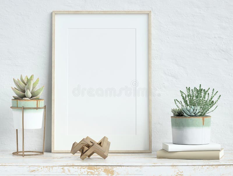 Mock up poster frame on white plaster wall with echeveria and rosemary in pot, books and geometric object on old wooden table 3d r