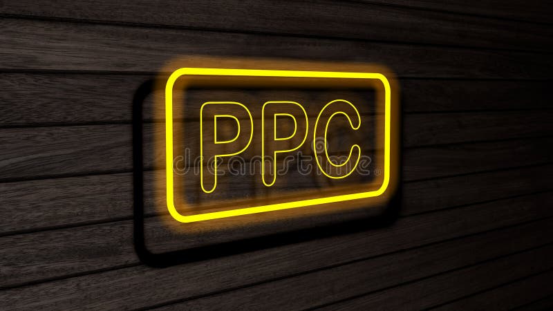 PPC yellow color neon fluorescent tubes signs on wooden wall. 3D render, illustration, poster, banner. Inscription, concept on