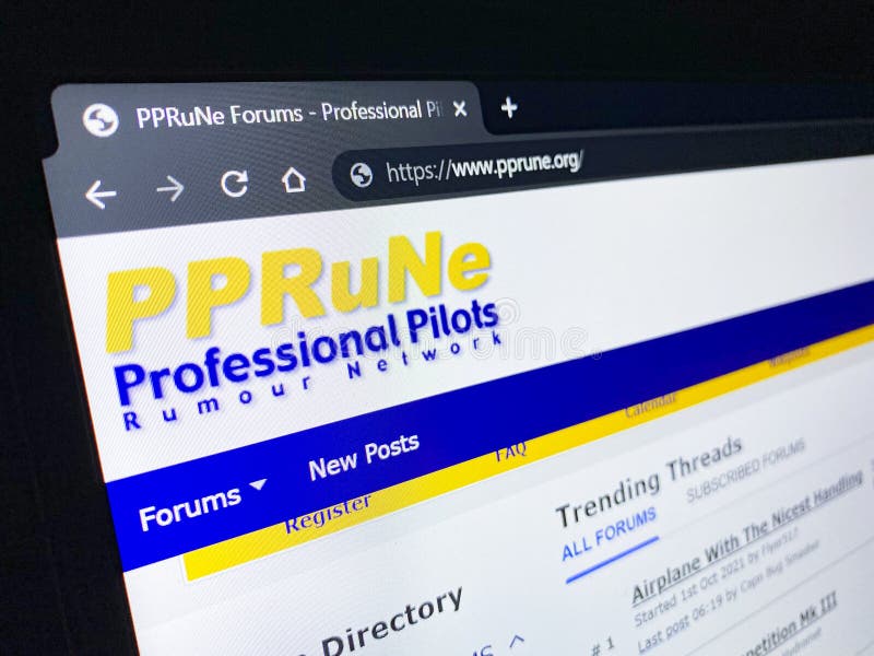 PPRune web page on a computer screen. PPRune - Professional pilots rumour network web page on a computer screen. Detailed close up shot of web page.