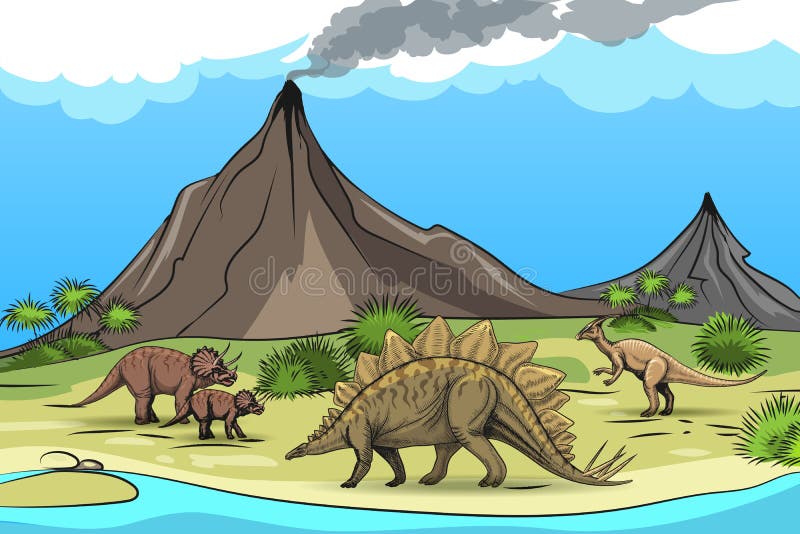 Pegada, Vulcão, Palmeira, Pedras, Osso E Cacto Do Dinossauro Ilustração do  Vetor - Ilustração de jogo, pedra: 105770438