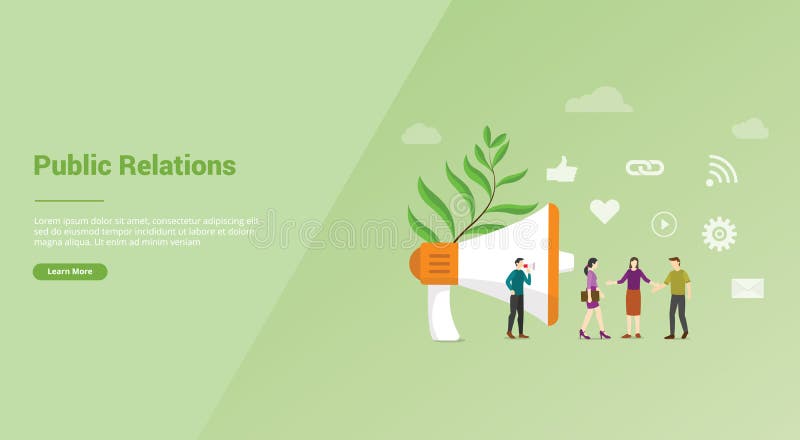 Pr or public relation with people team for website template or banner landing homepage - vector stock illustration