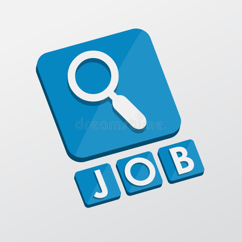 Job and search sign - white text with symbol in blue flat design blocks, job seeking concept. Job and search sign - white text with symbol in blue flat design blocks, job seeking concept