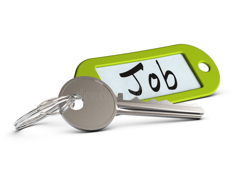 Key and green keyring where it is written the word job over white background. Key and green keyring where it is written the word job over white background