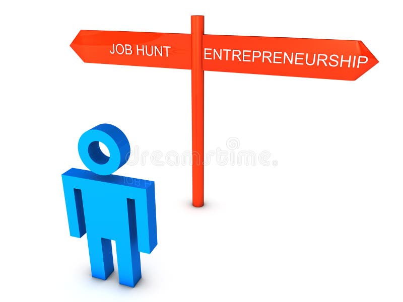 3D render of a stick figure given choices of Job Hunt and Entrepreneurship. 3D render of a stick figure given choices of Job Hunt and Entrepreneurship