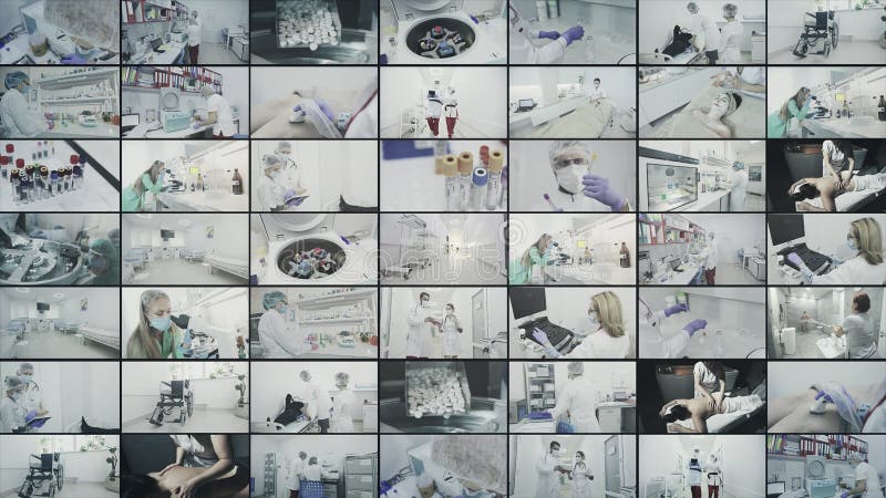 Praca w nowoczesnym szpitalnym systemie podziału. nowoczesna ściana wideo. kolaż wieloekranowy w szpitalu