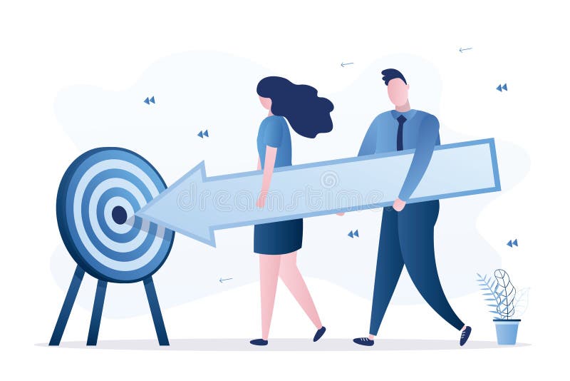 Shared goals, teamwork. Business people holds big arrow and aim at target. Successful team develop achievement project. Cooperation, company strategy. Characters in blue style. Vector illustration. Shared goals, teamwork. Business people holds big arrow and aim at target. Successful team develop achievement project. Cooperation, company strategy. Characters in blue style. Vector illustration